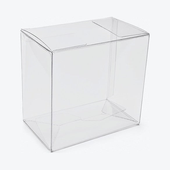 Empty clear booster box protector, assembled with pop-and-lock bottom, on white