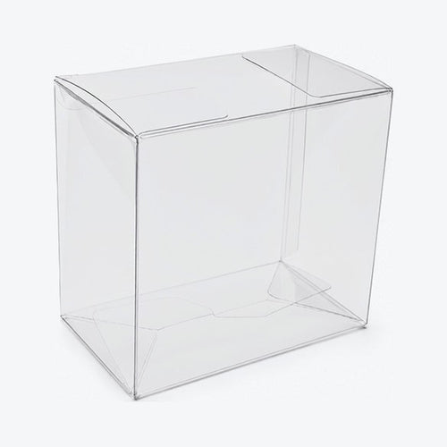 Empty clear booster box protector, assembled with pop-and-lock bottom, on white