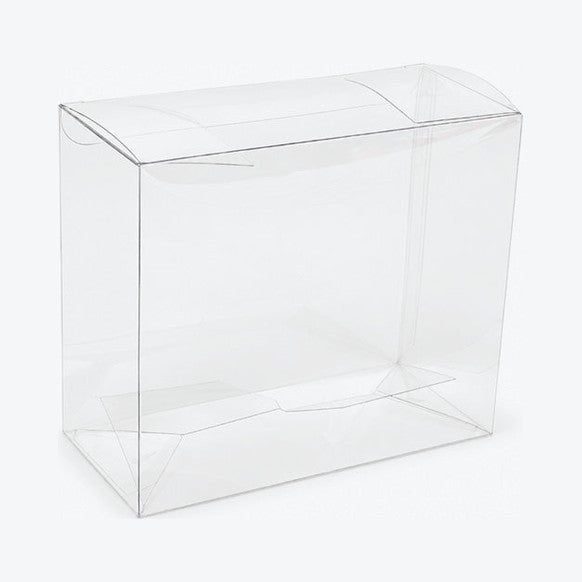 Empty clear ETB protector, assembled, angled view with the tuck top closed