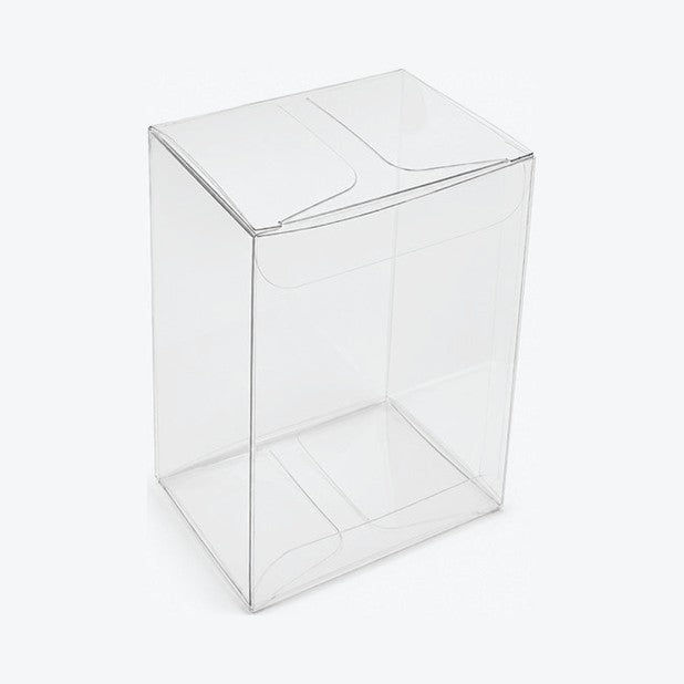 Empty clear SV booster bundle protector standing upright with the tuck top closed