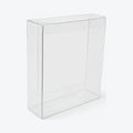 Empty clear wide booster bundle protector, assembled and standing upright