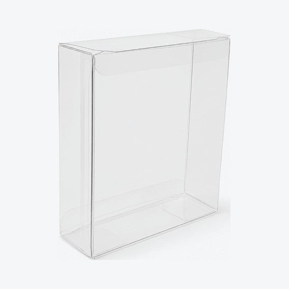 Empty clear wide booster bundle protector, assembled and standing upright