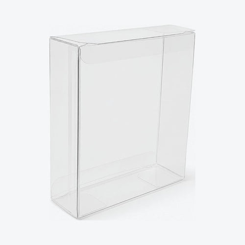 Empty clear wide booster bundle protector, assembled and standing upright