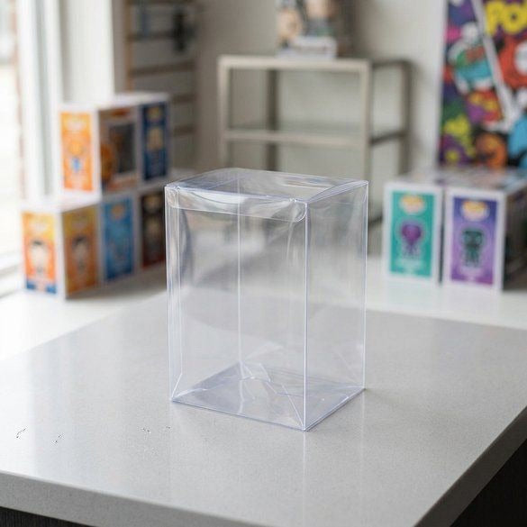 Empty clear Funko Pop protector on a shop counter.
