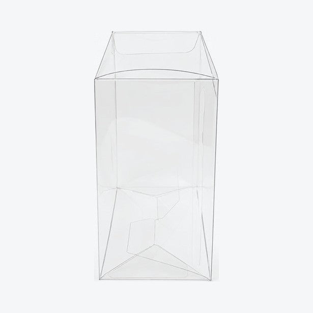 Empty clear ETB protector, side view showing the tuck top and bottom flaps