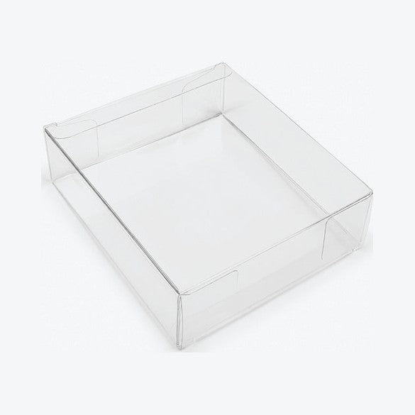 Empty clear wide booster bundle protector lying flat, top view