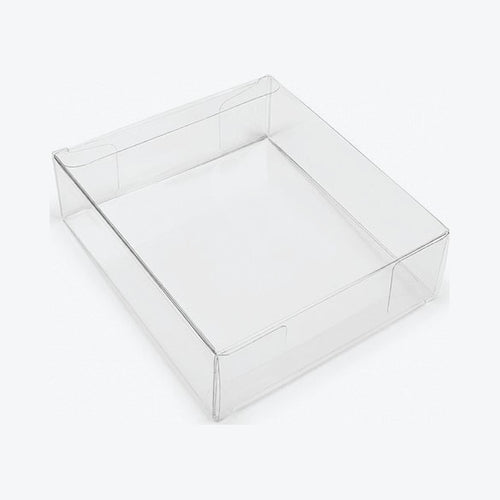 Empty clear wide booster bundle protector lying flat, top view