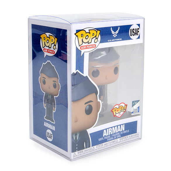 Clear protector fitted around a standard Funko Pop.