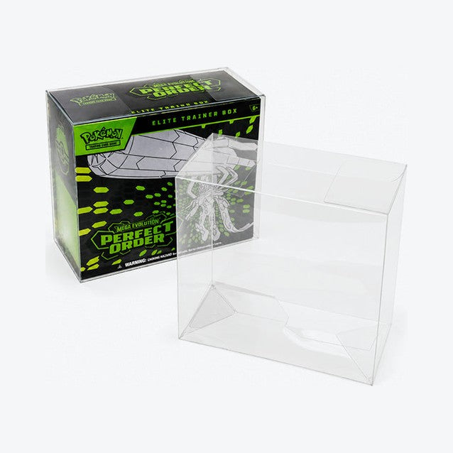 Empty clear ETB protector in front of a protected Elite Trainer Box, angled view