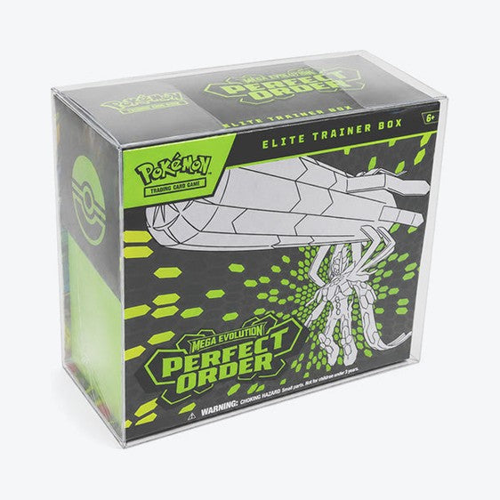 Clear protector fitted over a sealed Elite Trainer Box, front view
