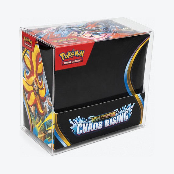 Clear protector fitted over a sealed booster box, angled view