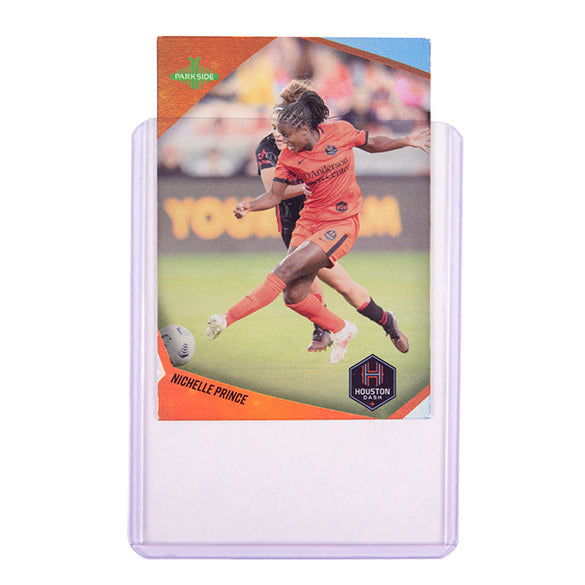 Clear rigid toploader holding a trading card.