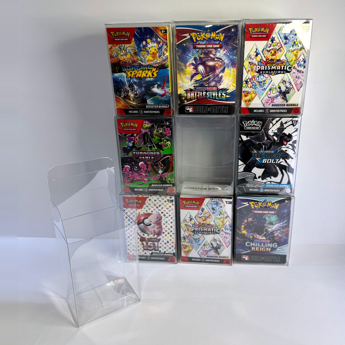 Grid of booster bundles in clear protectors with one empty sleeve