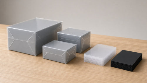 Clear ETB and booster box protectors on plain boxes, with toploaders and sleeves on a tabletop