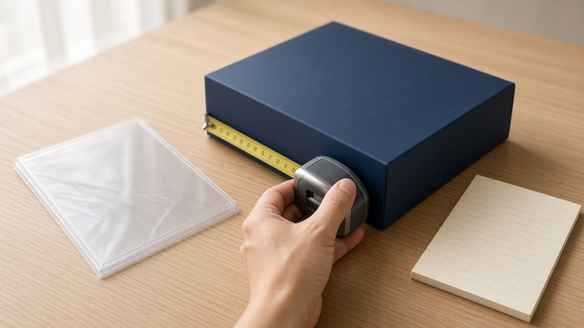 Measuring a sealed box with a tape measure next to a flat clear protector