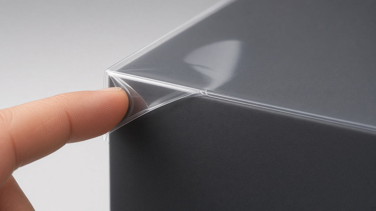 Close-up of a crystal-clear PET protector edge on a sealed box