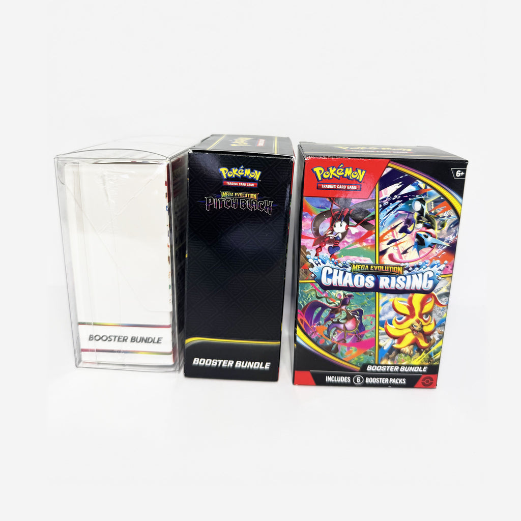 Tall booster bundles next to a standard booster bundle in its protector, showing the height difference