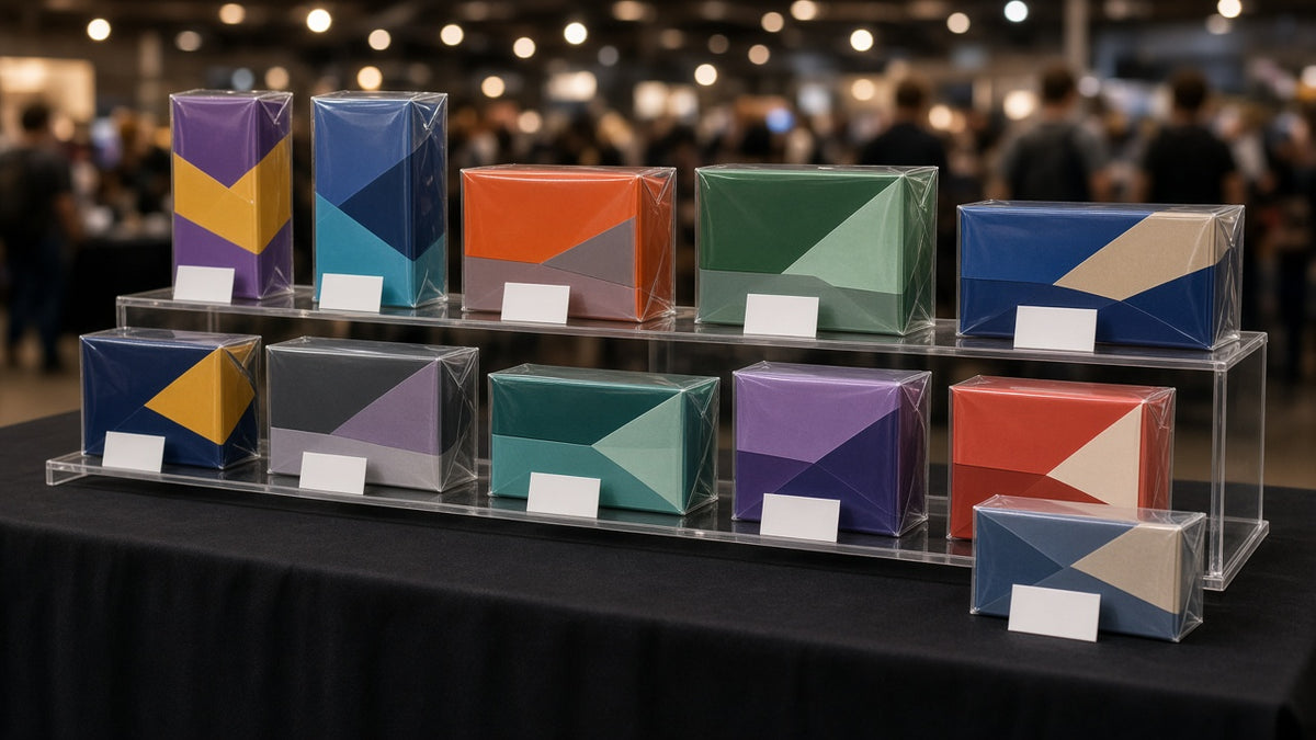 Card show vendor table with sealed boxes in clear protectors